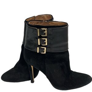Louise et Cie Elegant Black Heeled Leather and Suede Boots with Gold Buckles